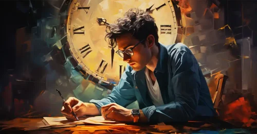 Man sitting at a table working on a writing project, with a large Roman numeral clock in the background, symbolizing timboxing