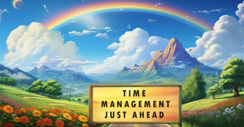 Beautiful cityscape with rainbow and 'Time Management Just Ahead' sign