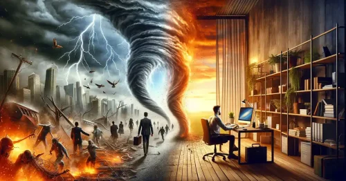 Image of Apocalyptic scene, and man still at work on his computer